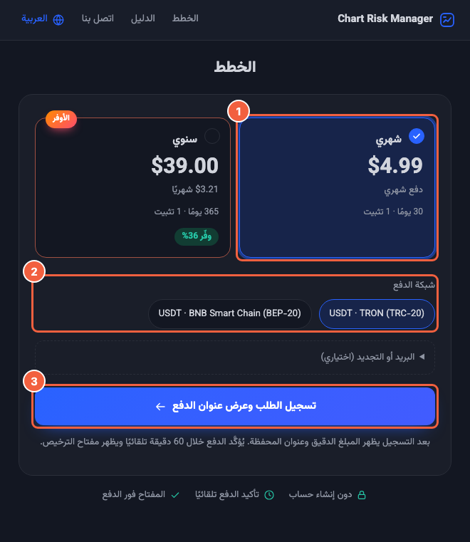 صفحة الشراء: 1 الخطة، 2 الشبكة، 3 تسجيل الطلب