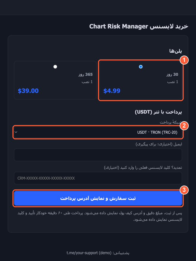 صفحهٔ خرید: ۱ پلن، ۲ شبکه، ۳ ثبت سفارش