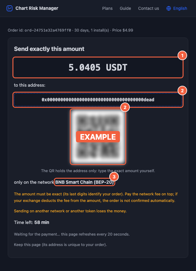 Order page: 1 exact amount, 2 address and QR, 3 network