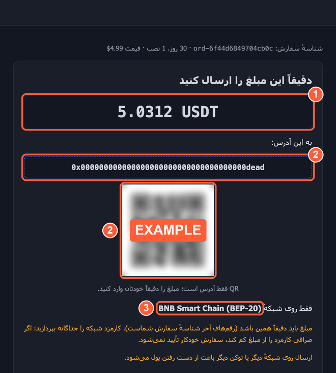 صفحهٔ سفارش: ۱ مبلغ دقیق، ۲ آدرس و QR، ۳ شبکه