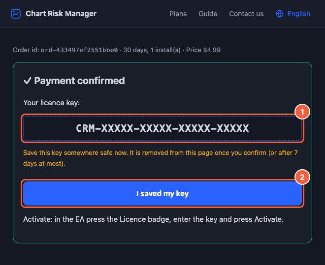 Payment confirmed: 1 the key, 2 I saved my key