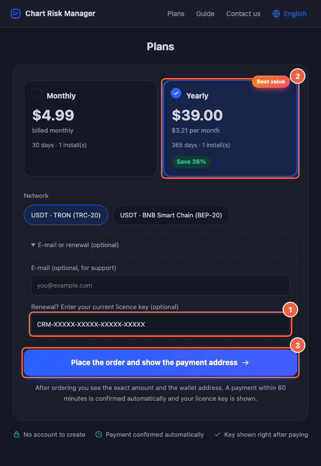 Renewal: 1 current key, 2 plan, 3 place the order