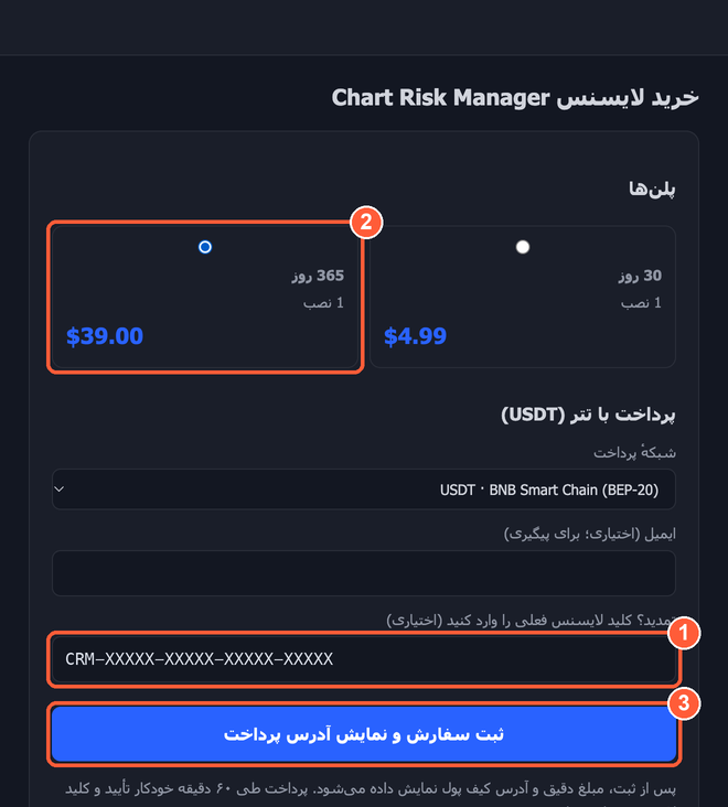 تمدید: ۱ کلید فعلی، ۲ پلن، ۳ ثبت سفارش